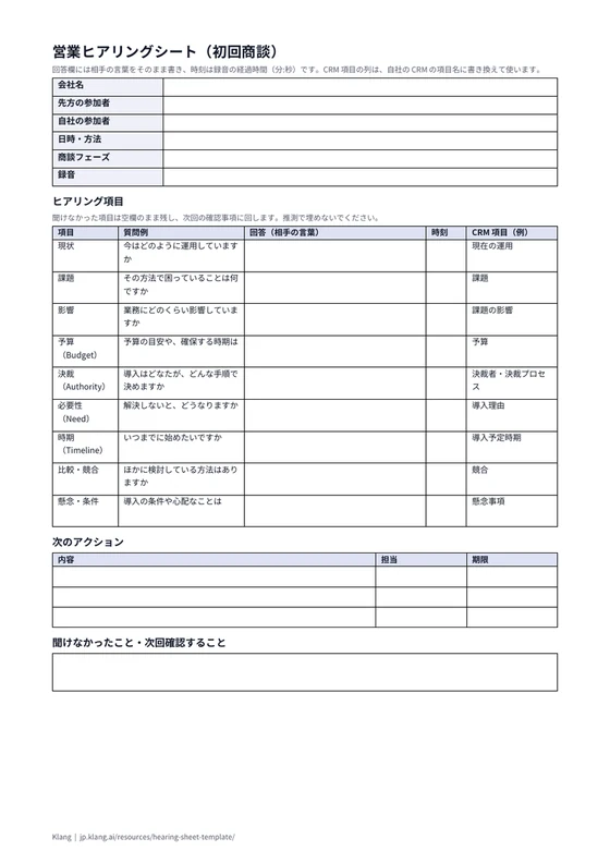 営業ヒアリングシート（初回商談）（空欄）のA4印刷プレビュー