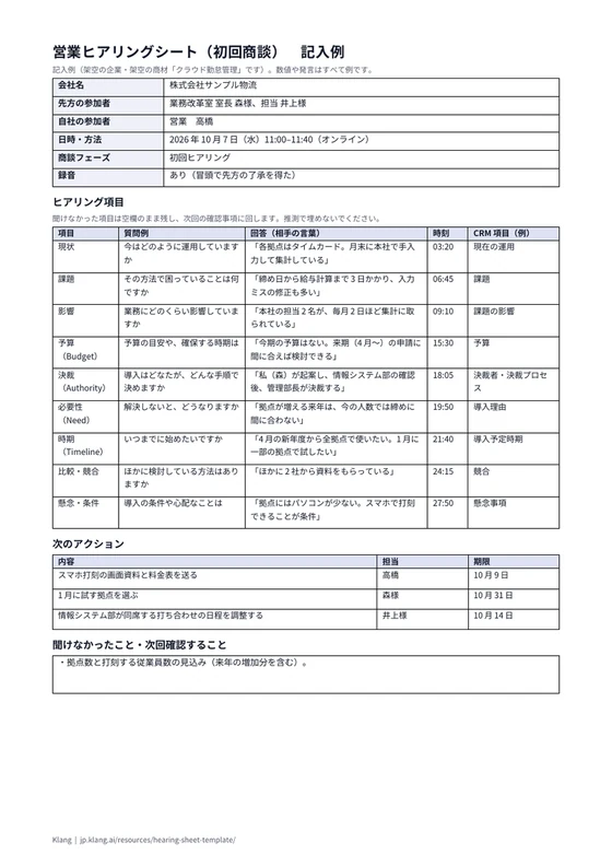 営業ヒアリングシート（初回商談）（記入例）のA4印刷プレビュー