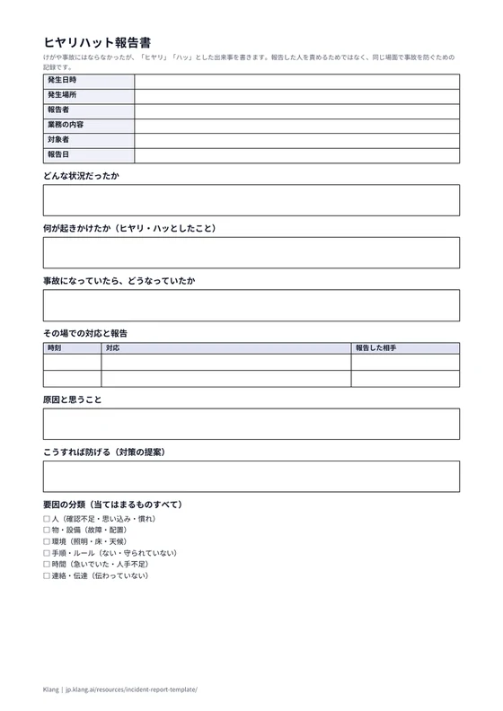 ヒヤリハット報告書（空欄）のA4印刷プレビュー