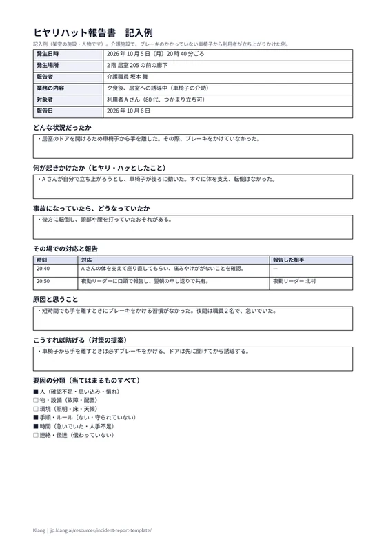 ヒヤリハット報告書（記入例）のA4印刷プレビュー