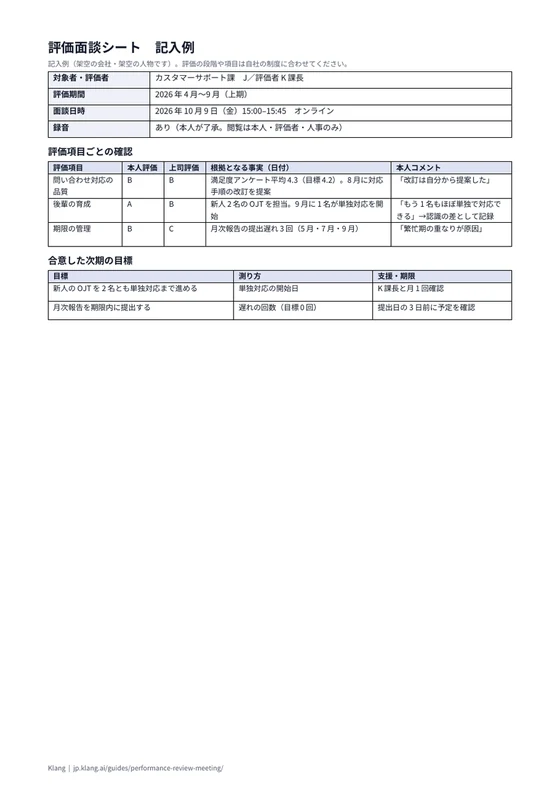 評価面談シート（記入例）のA4印刷プレビュー