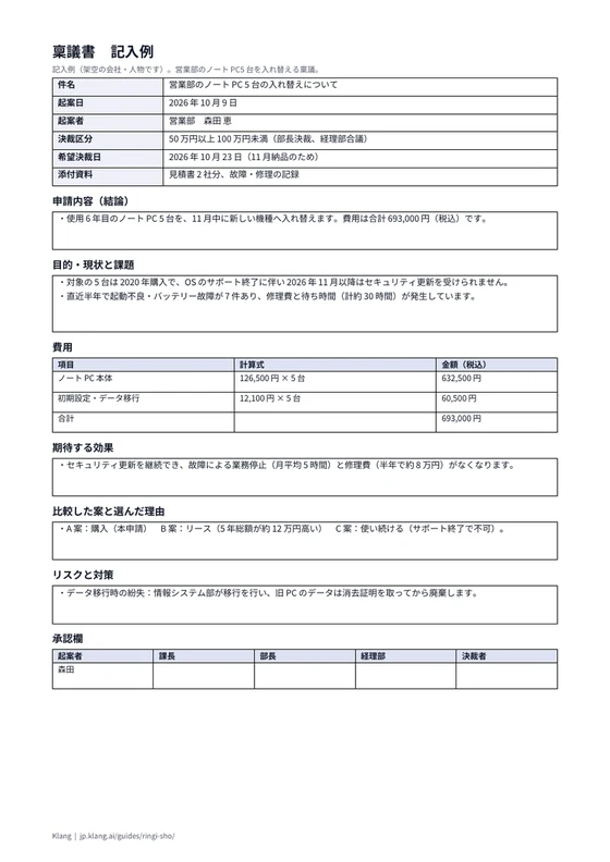 稟議書（記入例）のA4印刷プレビュー