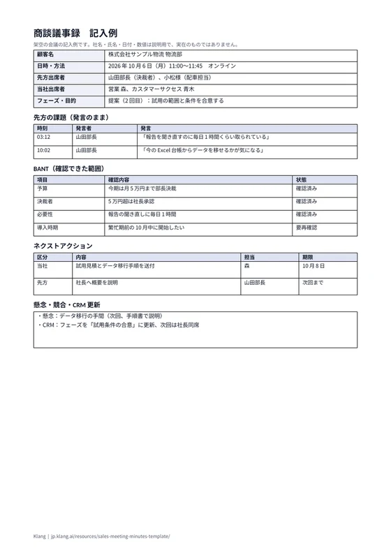 商談議事録（記入例）のA4印刷プレビュー