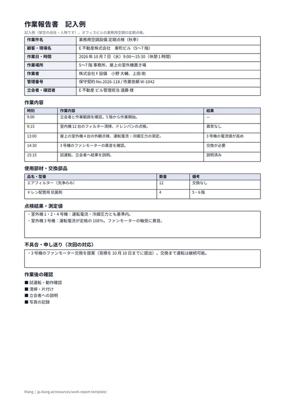 作業報告書（記入例）のA4印刷プレビュー