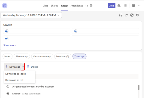 Teamsの英語UIでRecapのTranscriptからDownloadを開き、docxとvttを選ぶ画面
